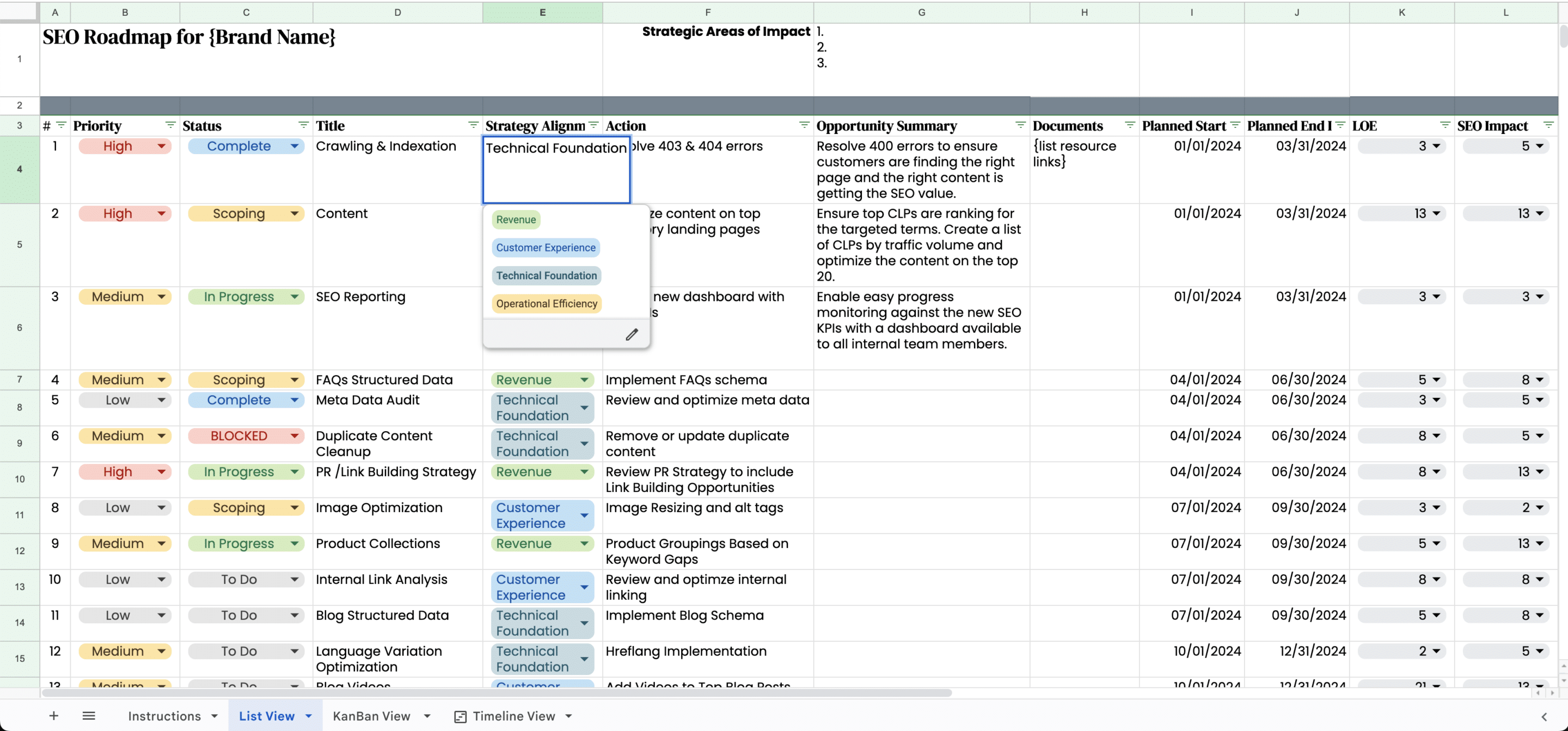 seo product manager roadmap google sheet template